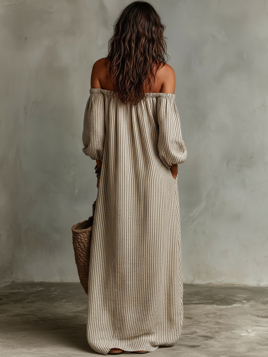 Carmen | Long cotton and linen dress with off-the-shoulder design