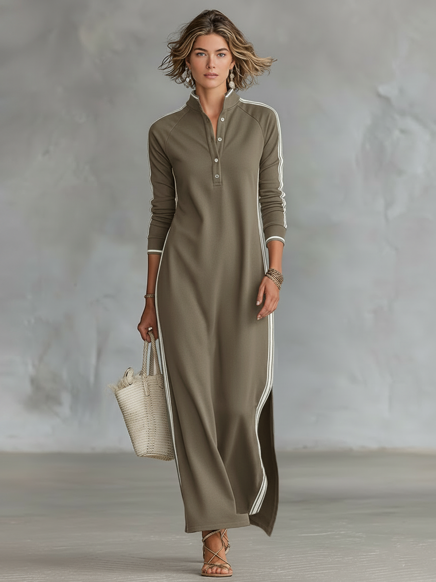 Maxi Sweatshirt Dress for Women with Button-Down Collar and White Trim