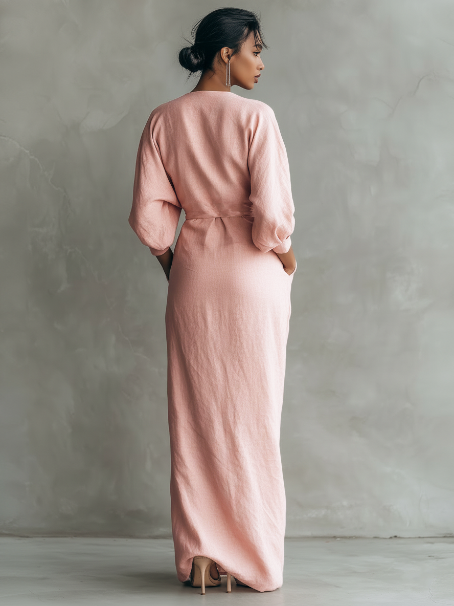 Pink Minimalist Maxi Dress with V-Neck for Women
