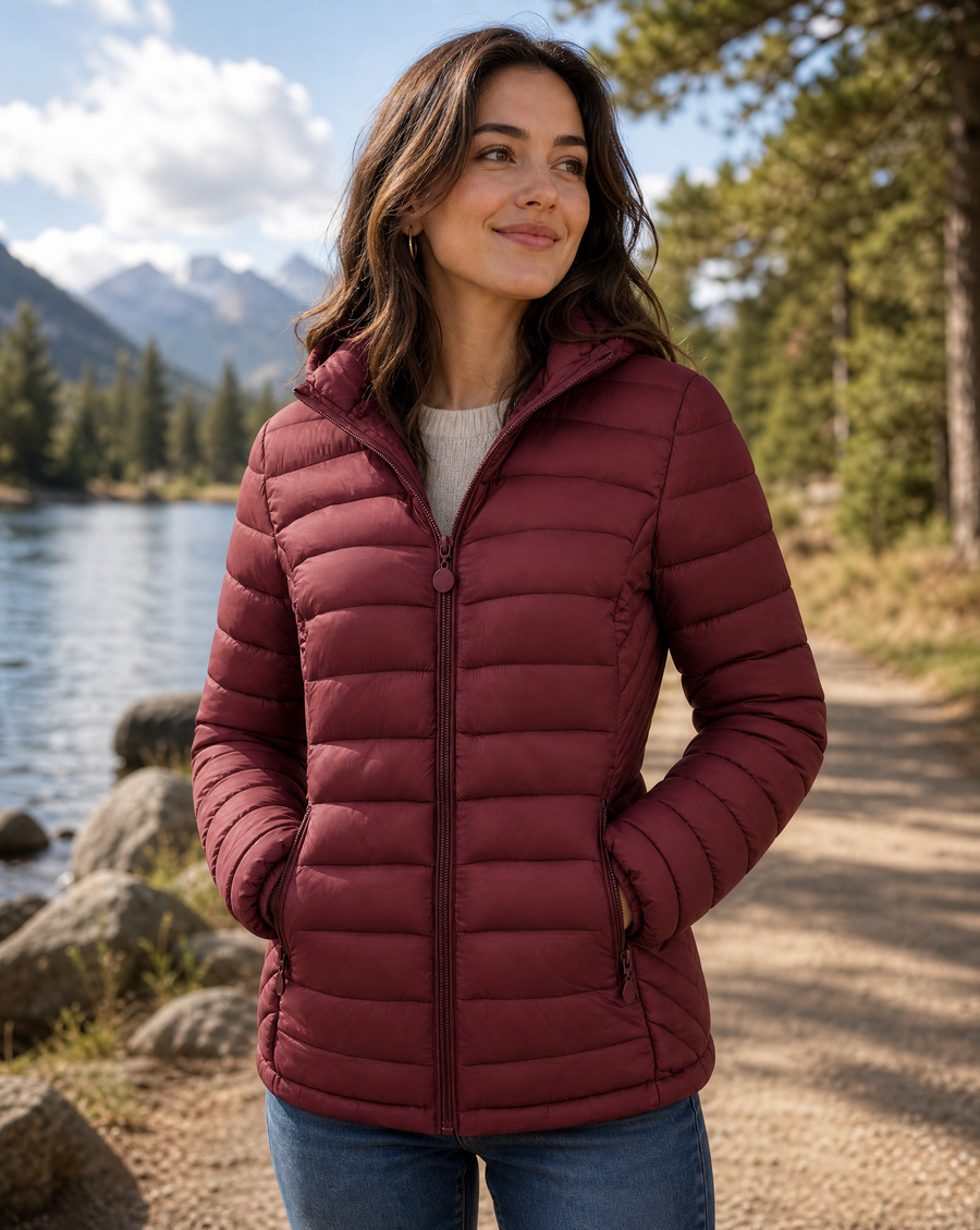 Lightweight Quilted Hooded Puffer Jacket with Fleece Lining