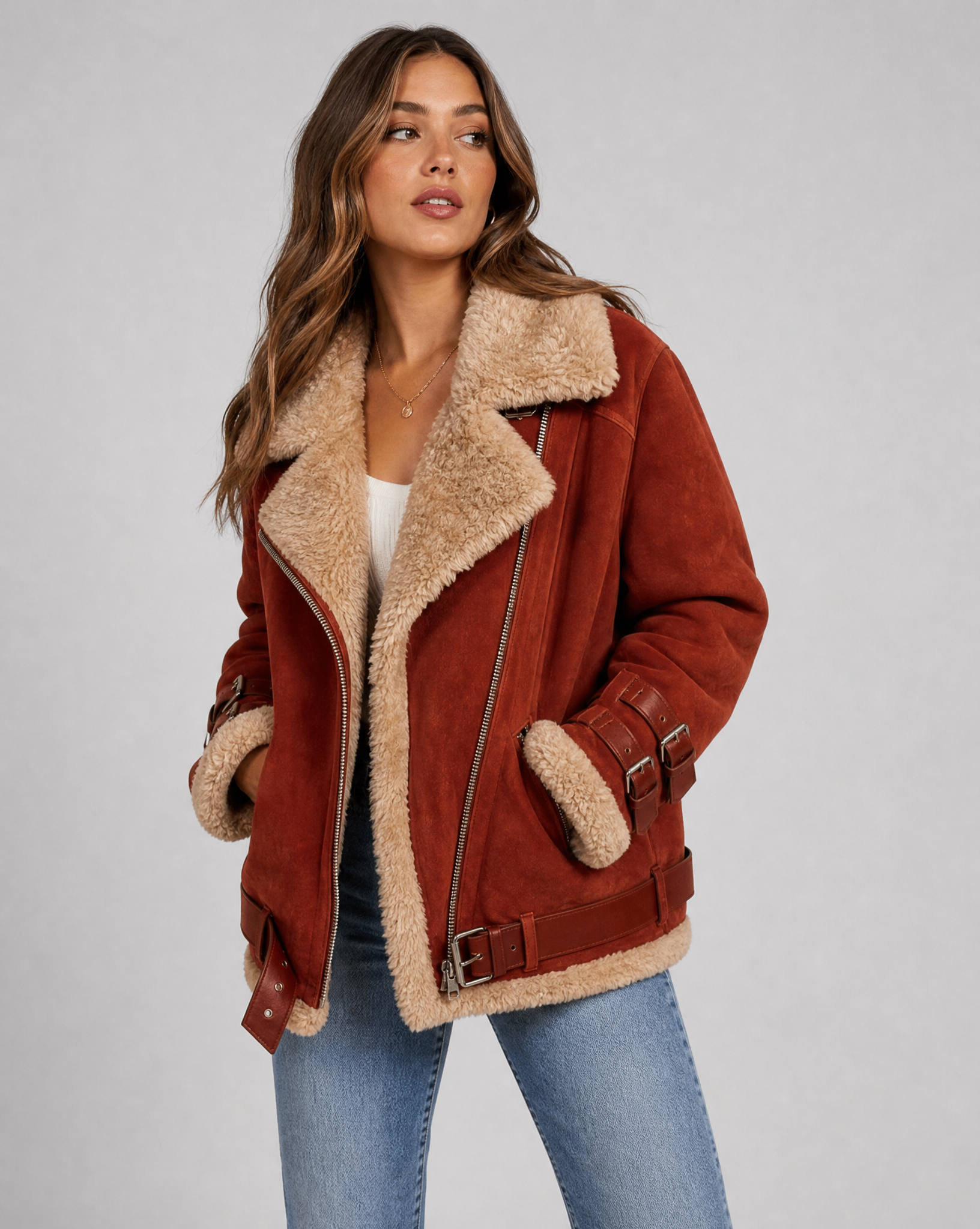 Women's Premium Faux Sheepskin Jacket With Belt And Pockets