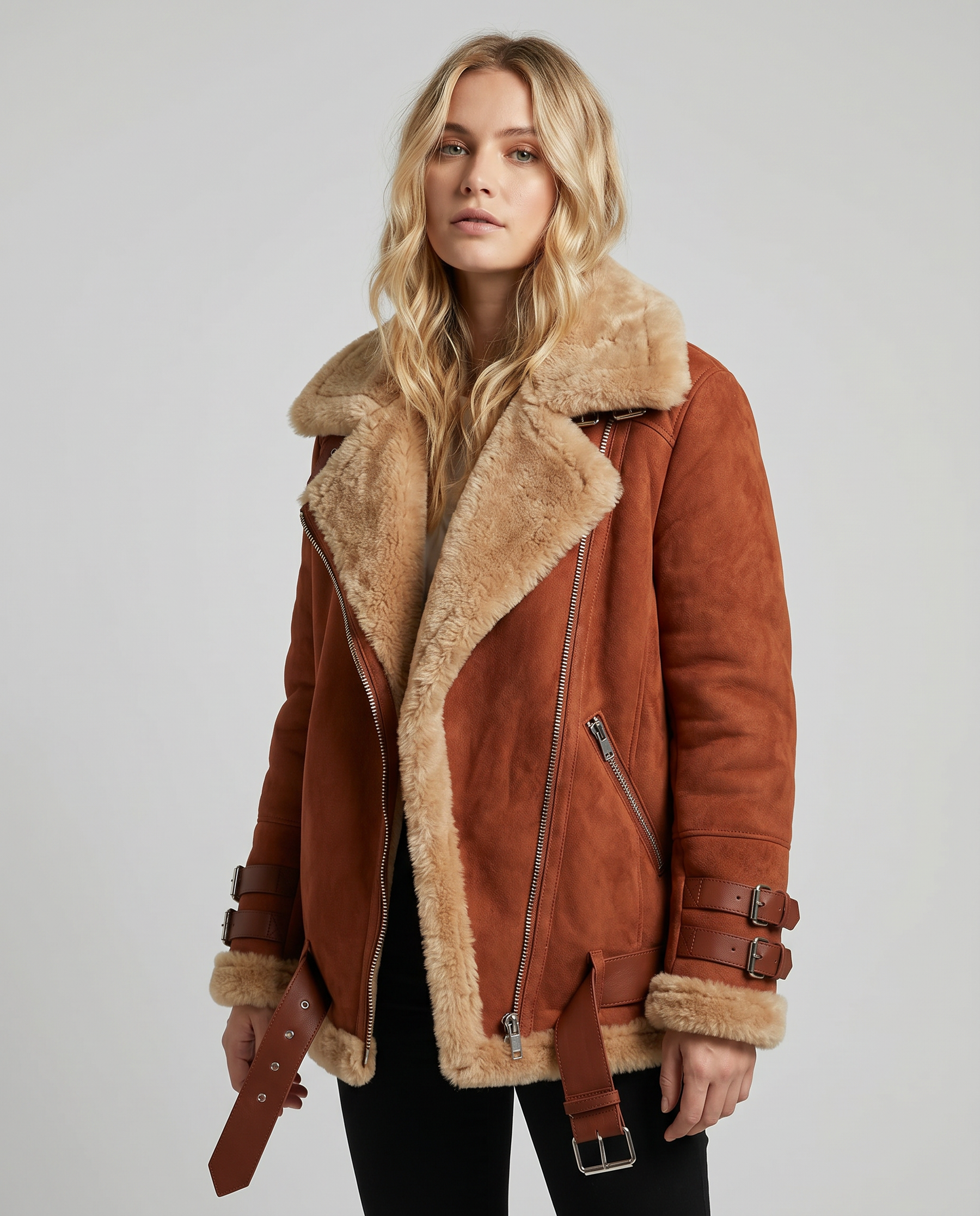 Women's Premium Faux Sheepskin Jacket With Belt And Pockets