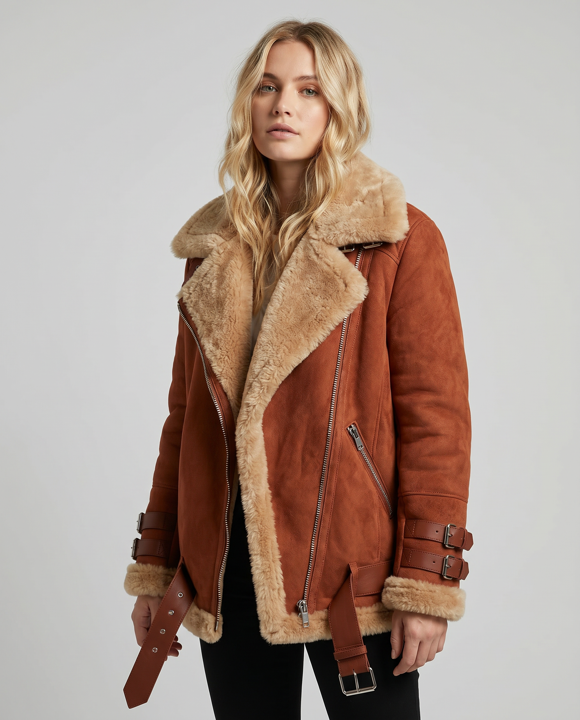 Women's Premium Faux Sheepskin Jacket With Belt And Pockets