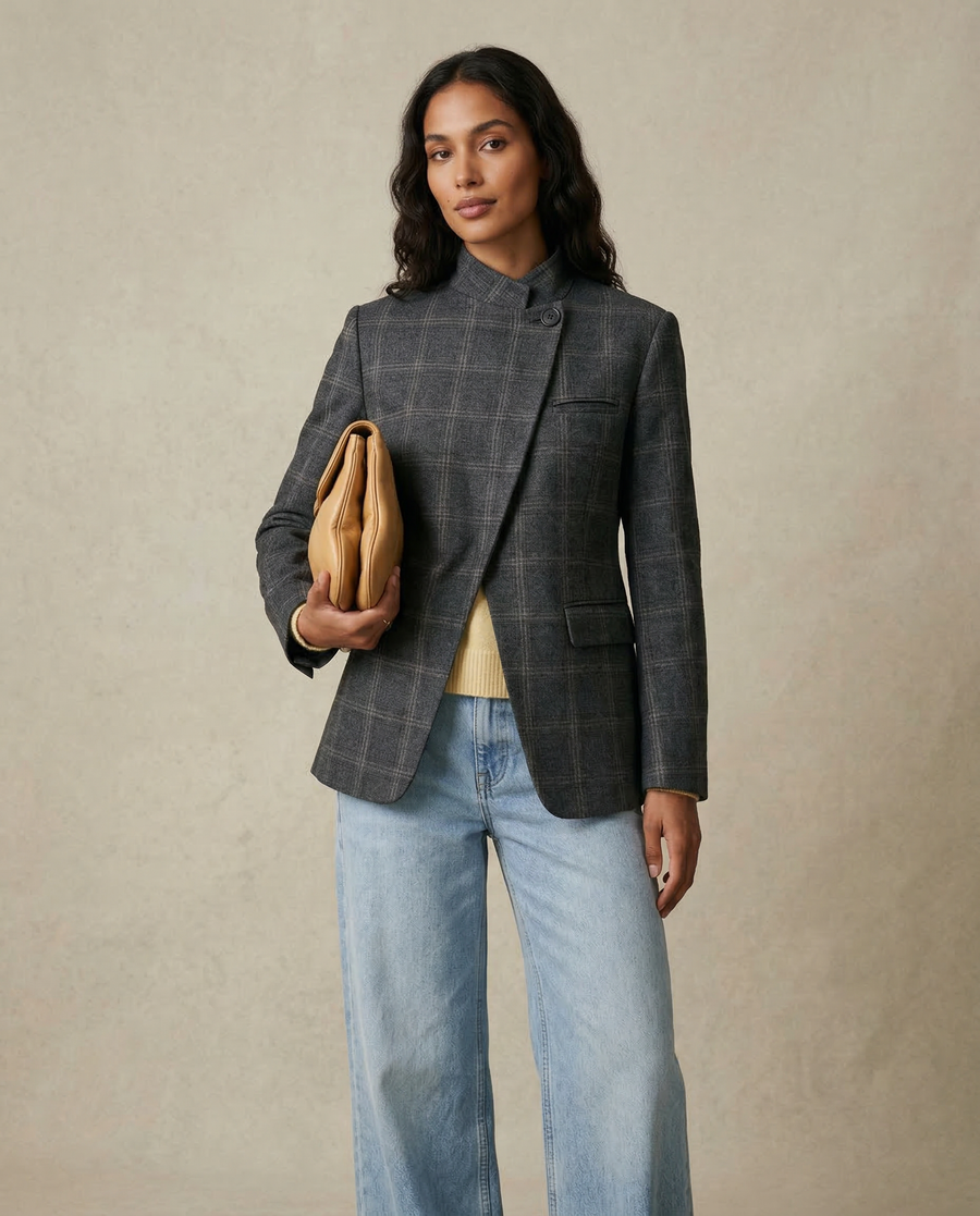 Plaid Blazer – Stylish Single Button Long Sleeve Jacket