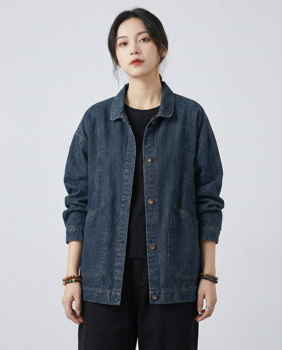 Women’s Oversized Longline Denim Jacket with Utility Pockets and Relaxed Street Style Fit
