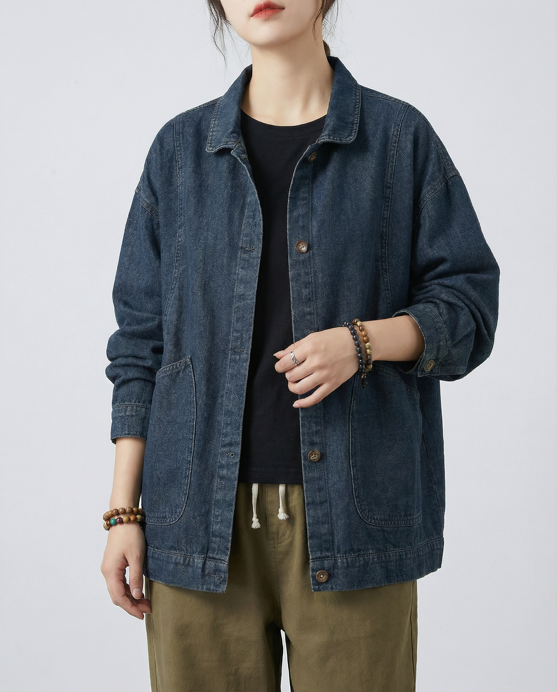 Women’s Oversized Longline Denim Jacket with Utility Pockets and Relaxed Street Style Fit