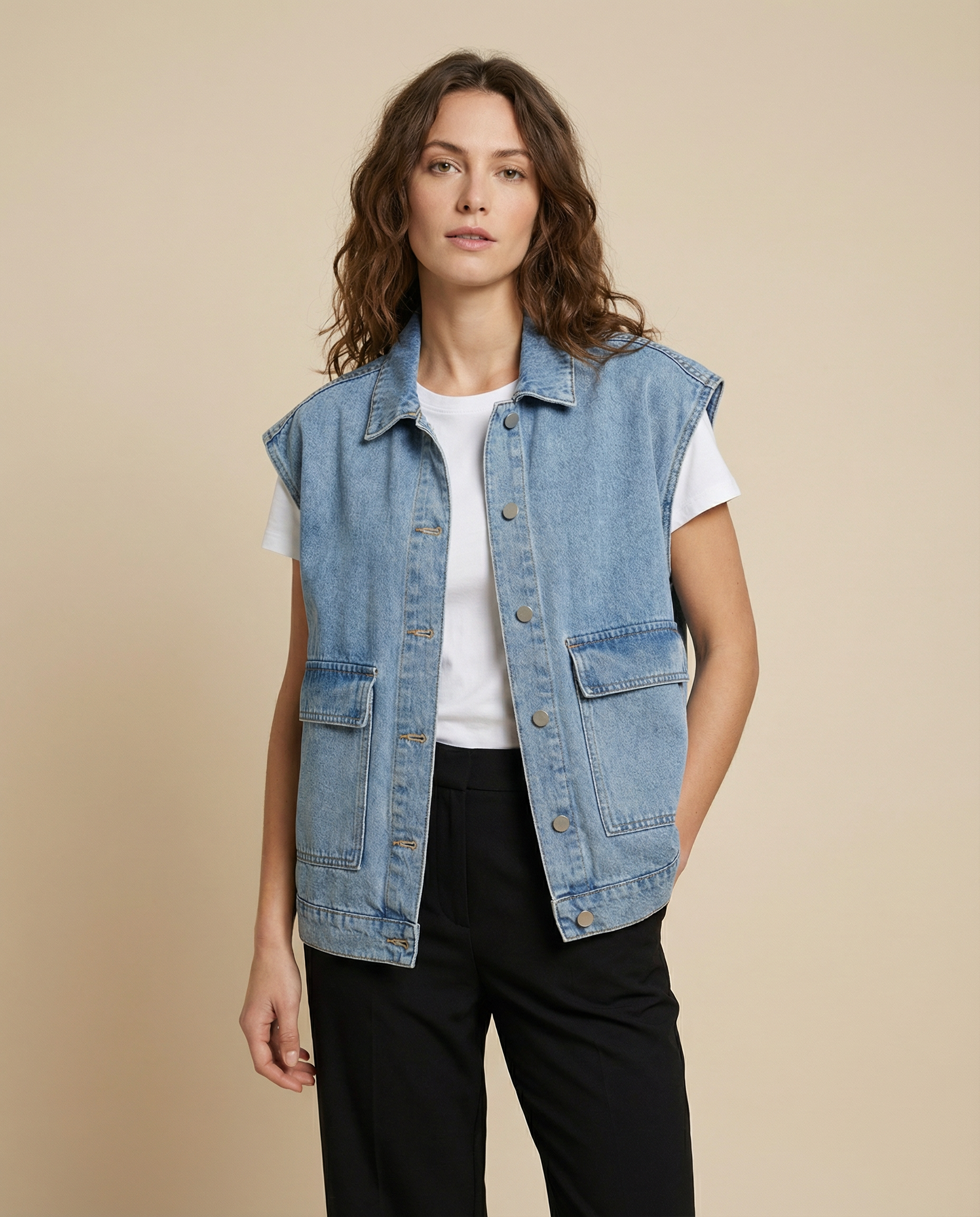 Women’s Oversized Denim Vest with Button-Down Front and Relaxed Street Style Fit