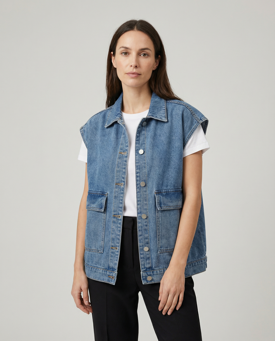 Women’s Oversized Denim Vest with Button-Down Front and Relaxed Street Style Fit