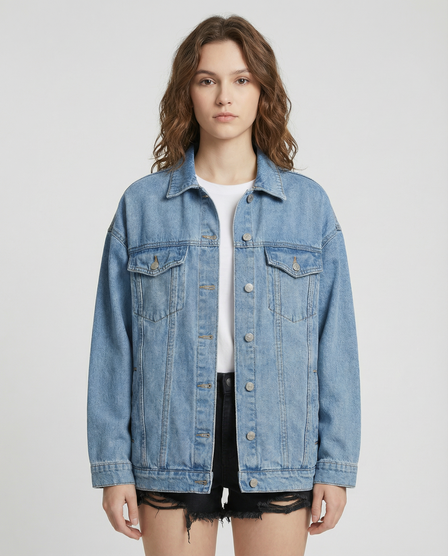 Women’s Oversized Denim Jacket with Classic Button Front and Relaxed Streetwear Fit
