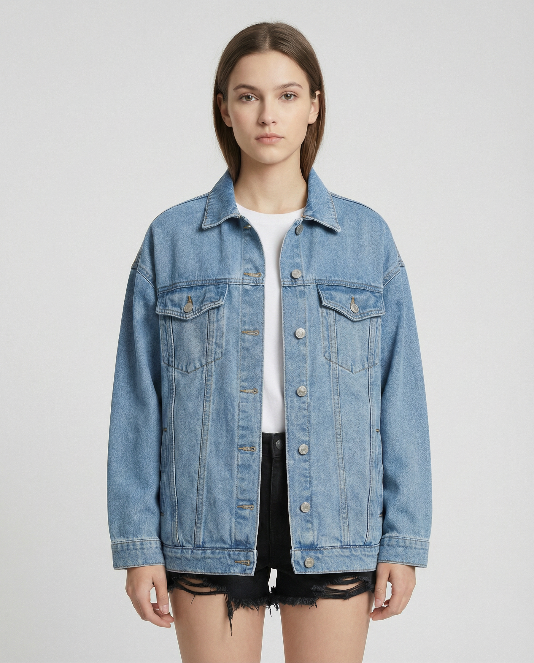 Women’s Oversized Denim Jacket with Classic Button Front and Relaxed Streetwear Fit