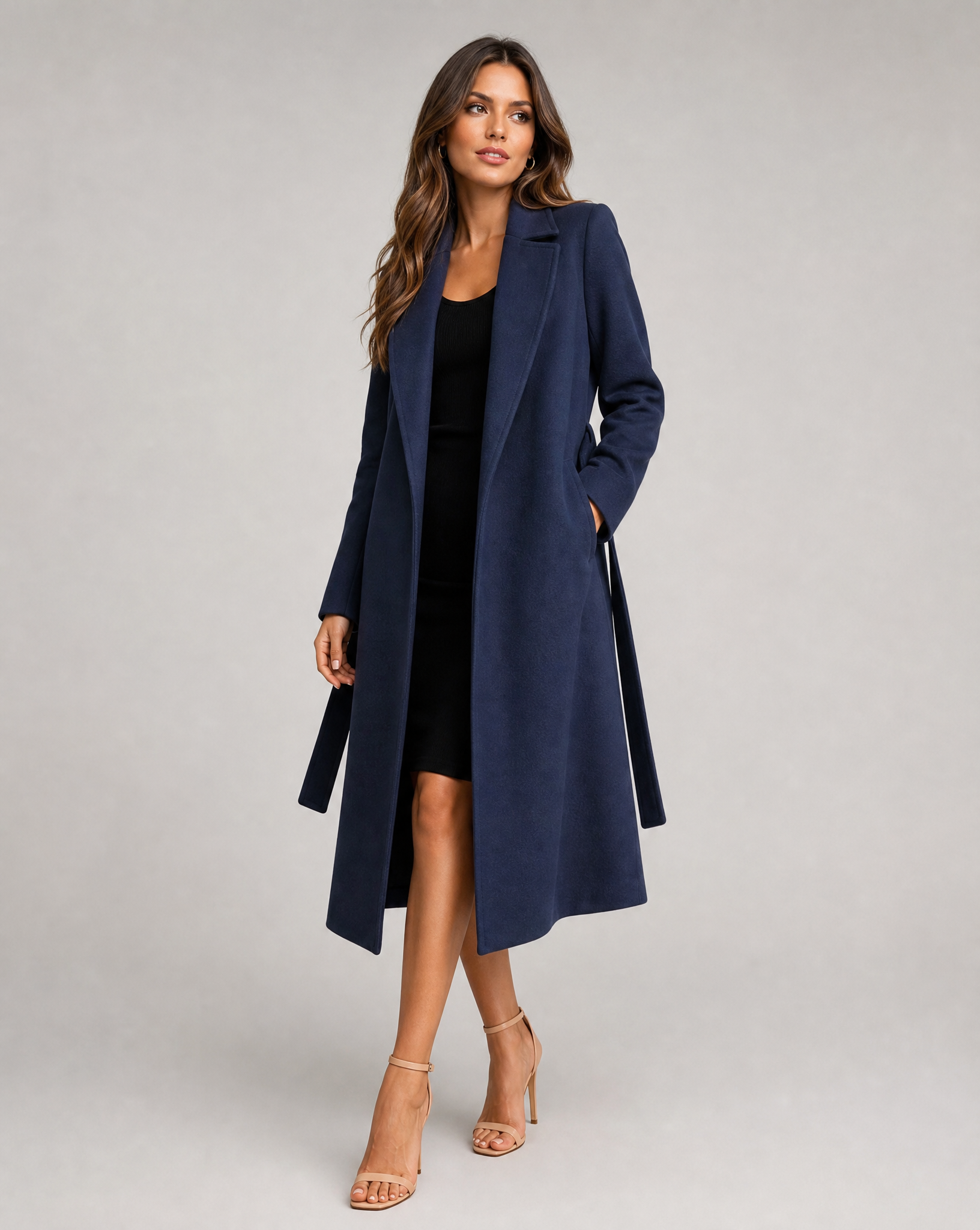 Women's Long Winter Trench Coat — Elegant Belted Lapel Long-Sleeve Wool-Blend Overcoat