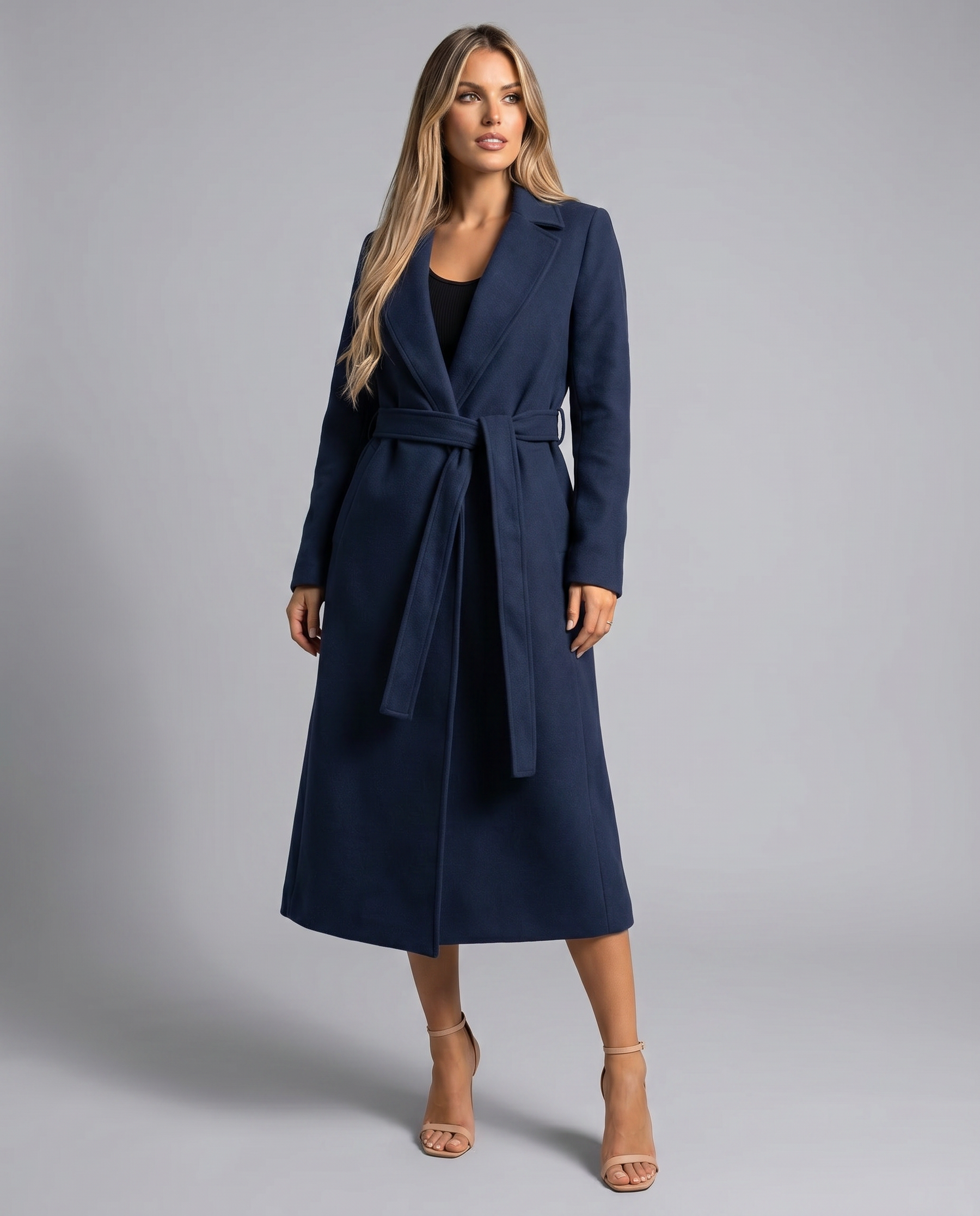 Women's Long Winter Trench Coat — Elegant Belted Lapel Long-Sleeve Wool-Blend Overcoat