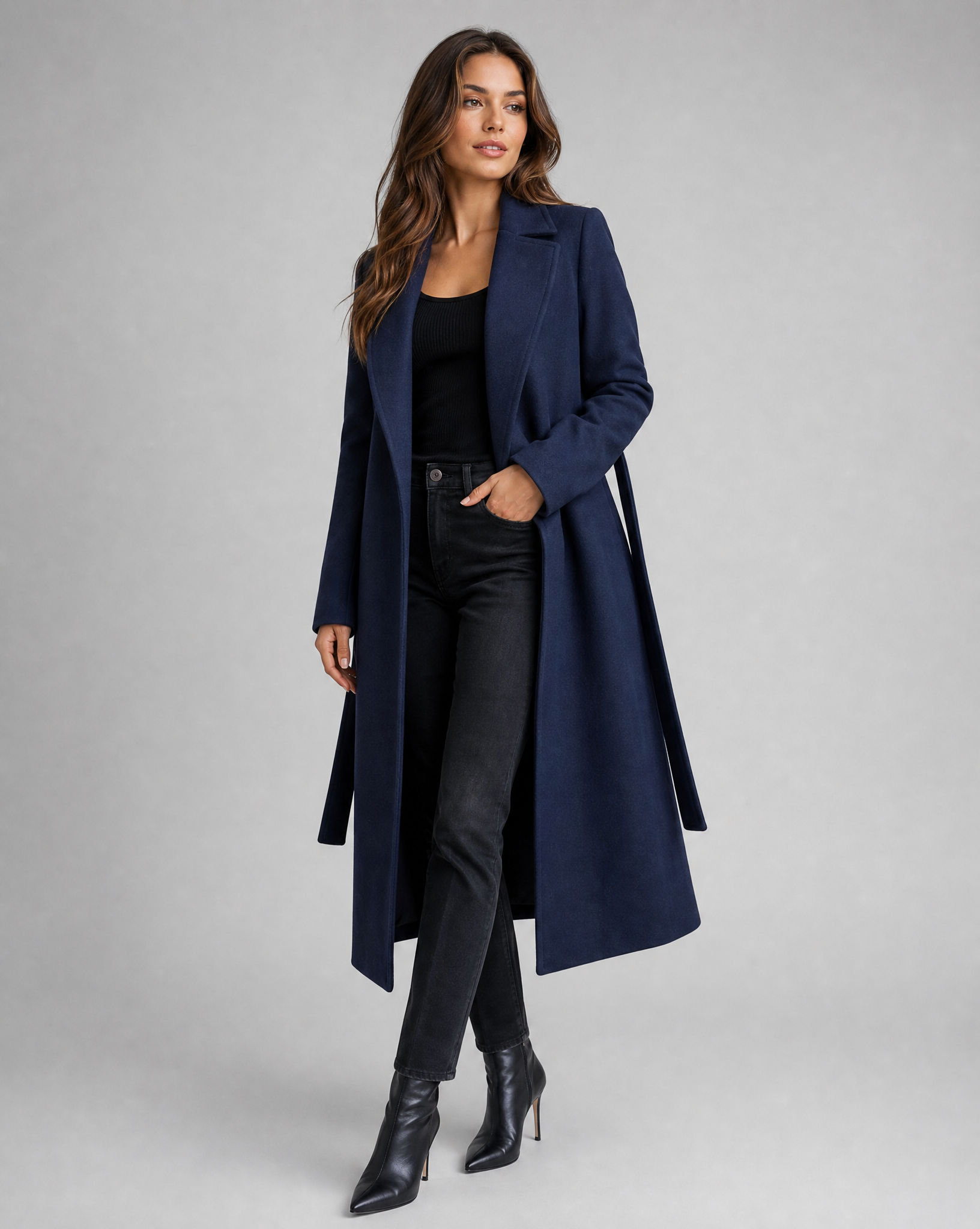 Women's Long Winter Trench Coat — Elegant Belted Lapel Long-Sleeve Wool-Blend Overcoat