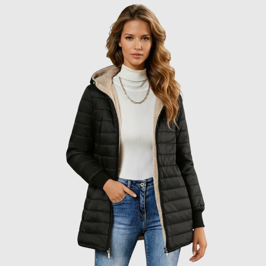 Women's Sherpa-Lined Winter Coat — Plush Long-Sleeve Insulated Hooded Overcoat