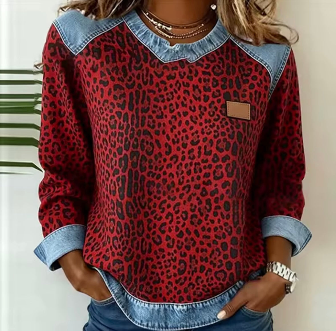 Hollyn™ | Leopard Print Top with Denim Collar