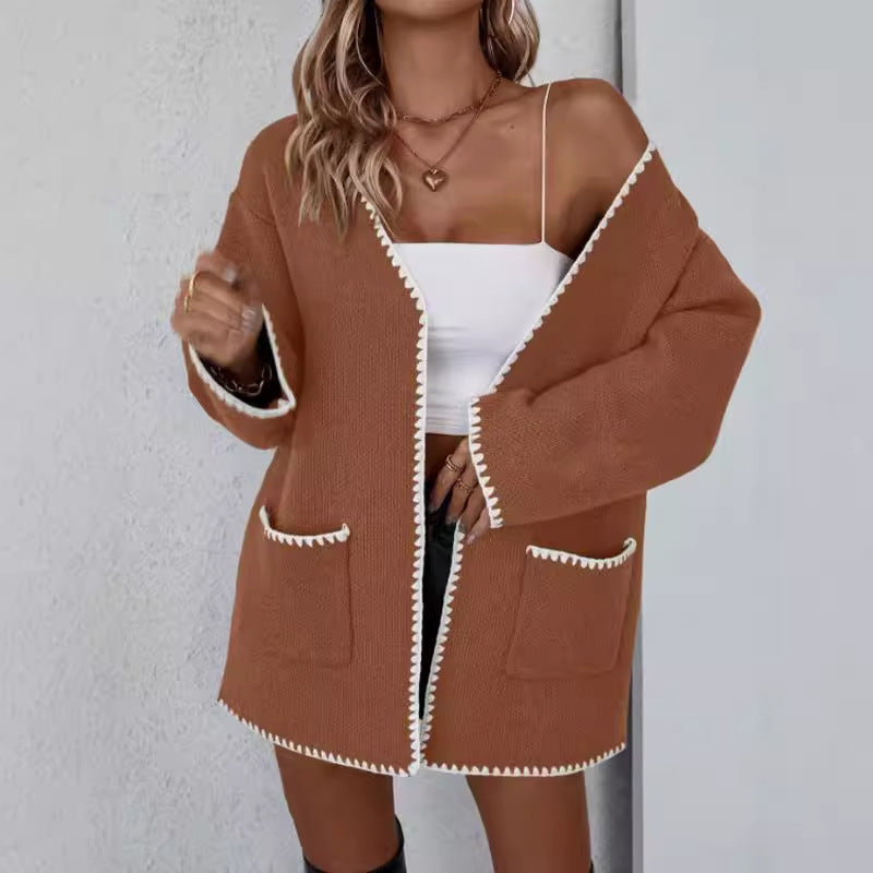 Open Front Long Sleeve Cardigan - Knit Pocket Cardigan