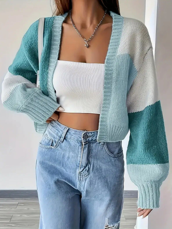 Cropped Color Block Cardigan - Knit Button Front Sweater
