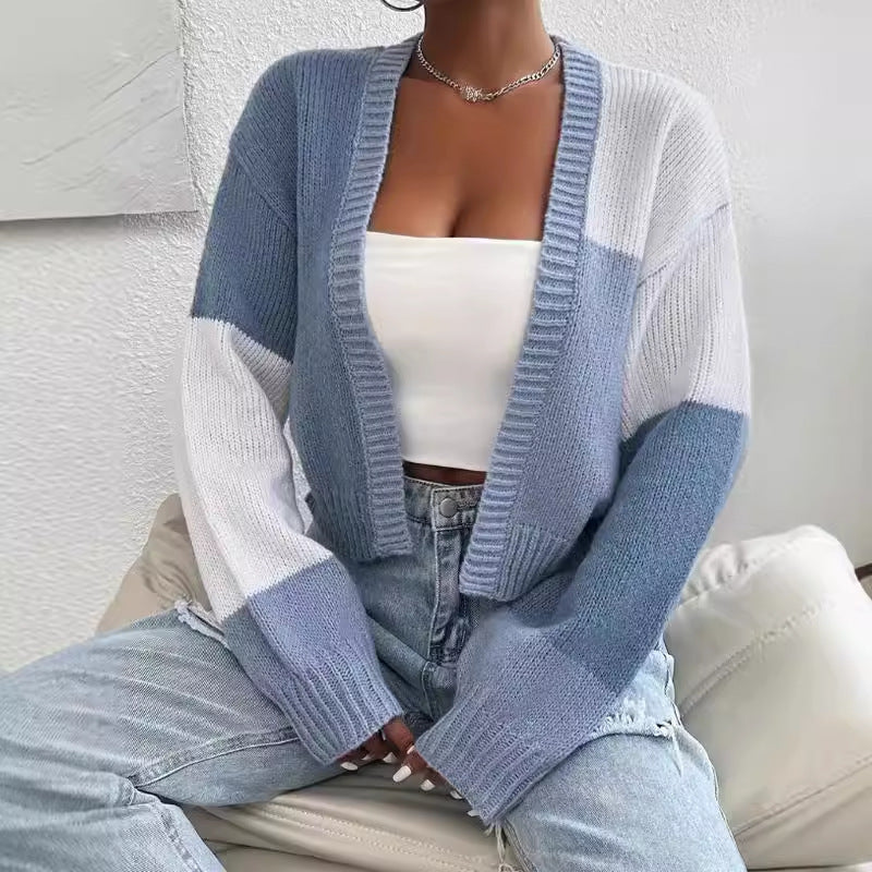 Cropped Color Block Cardigan - Knit Button Front Sweater