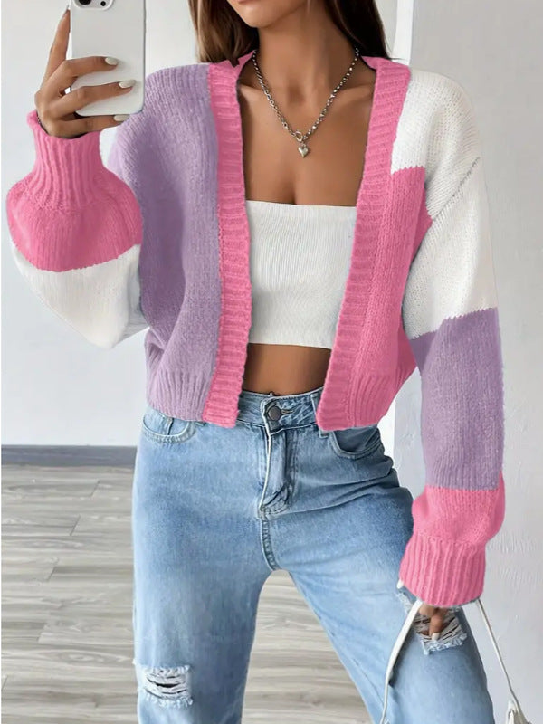 Cropped Color Block Cardigan - Knit Button Front Sweater