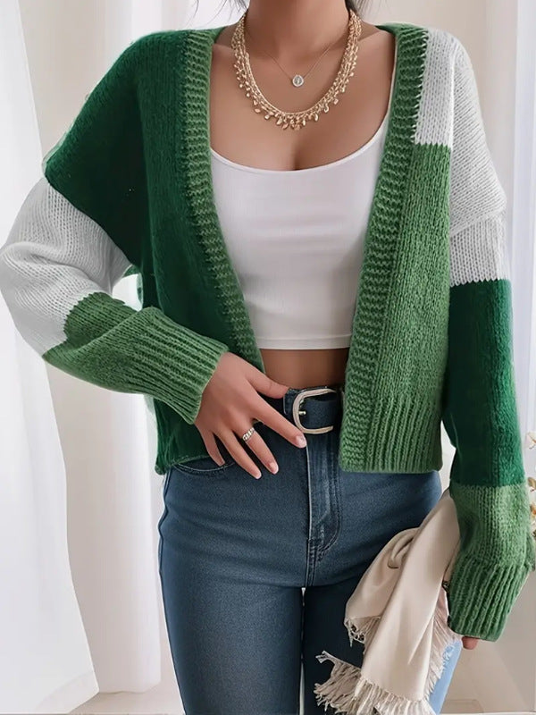 Cropped Color Block Cardigan - Knit Button Front Sweater