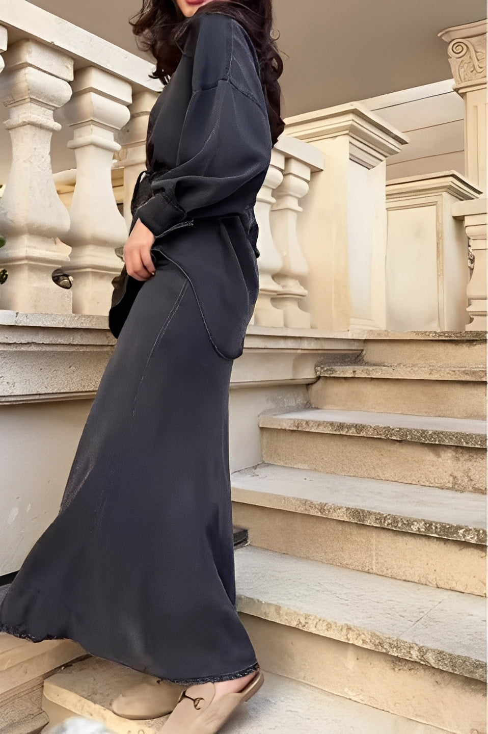 Women's Long Sleeve Tie-Front Shirt and Skirt Two-Piece Set