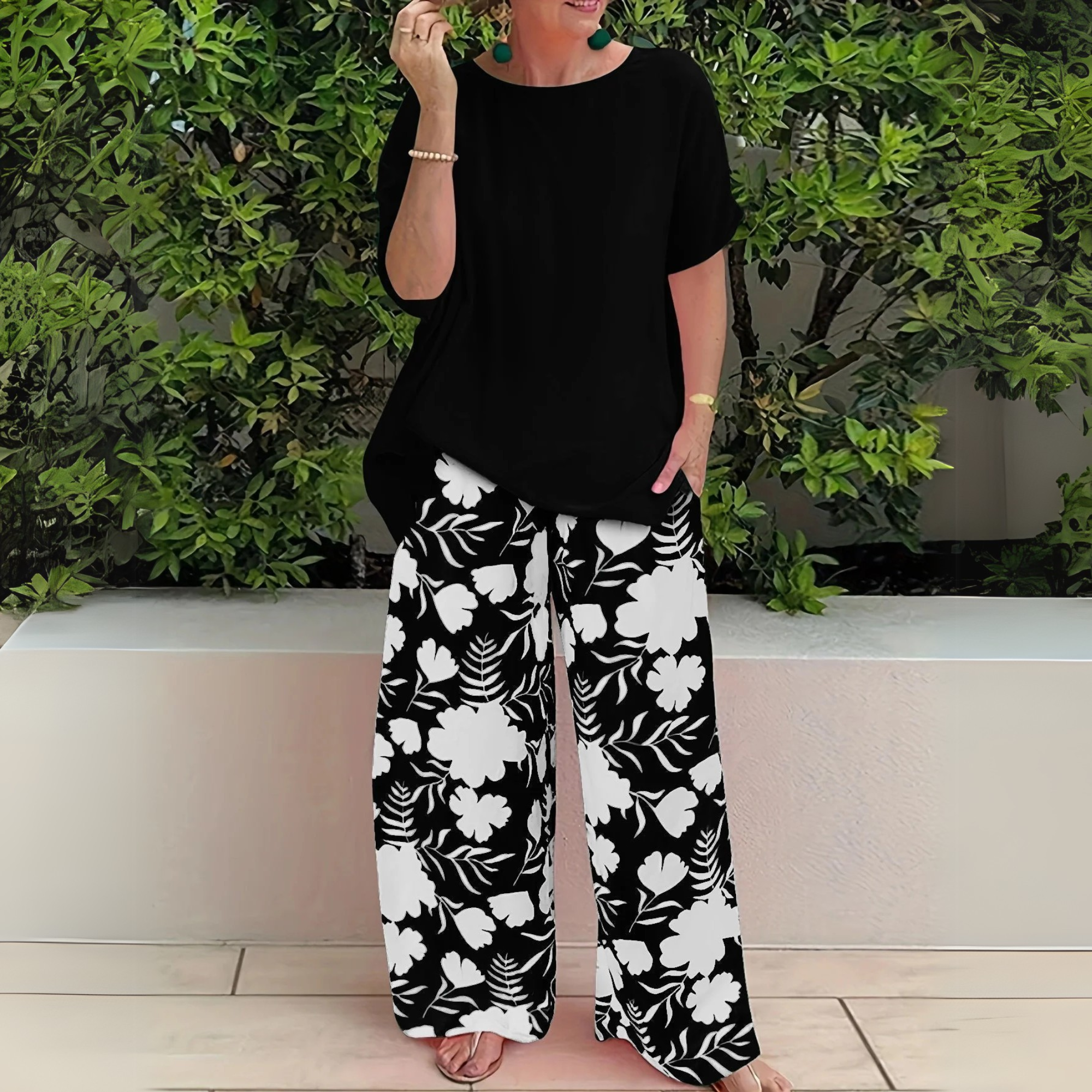Women's Plus Size Long Sleeve Top and Trouser Two-Piece Set