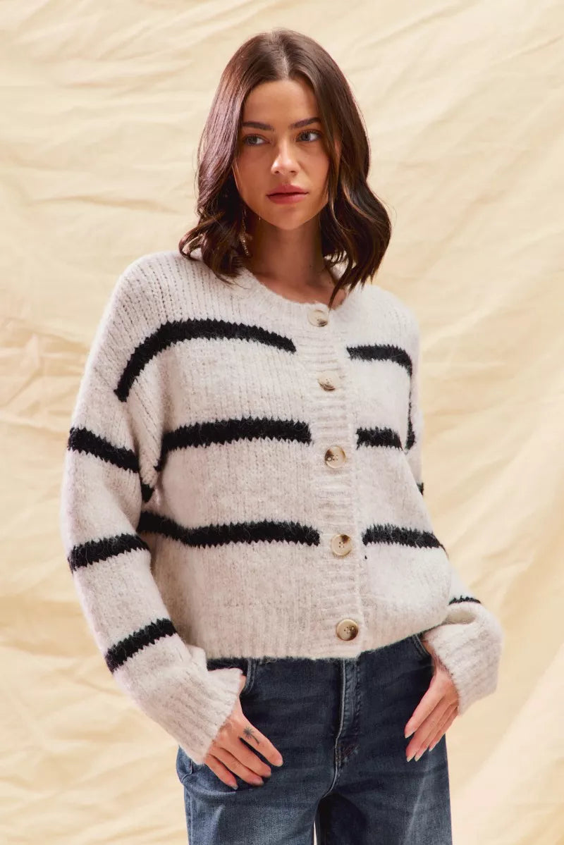 Striped Button-Down Winter Cardigan - Classic Knit Sweater