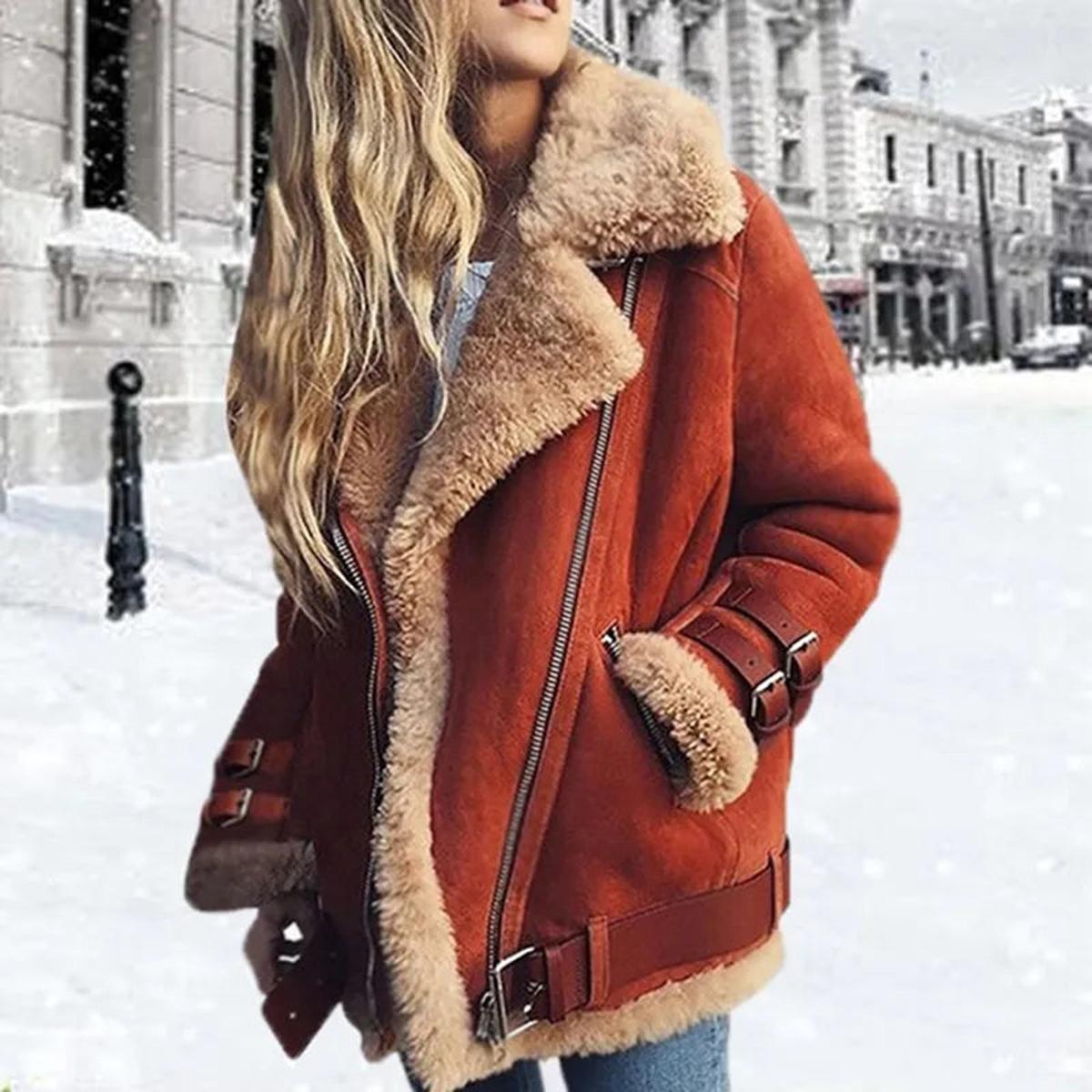 Women's Premium Faux Sheepskin Jacket With Belt And Pockets