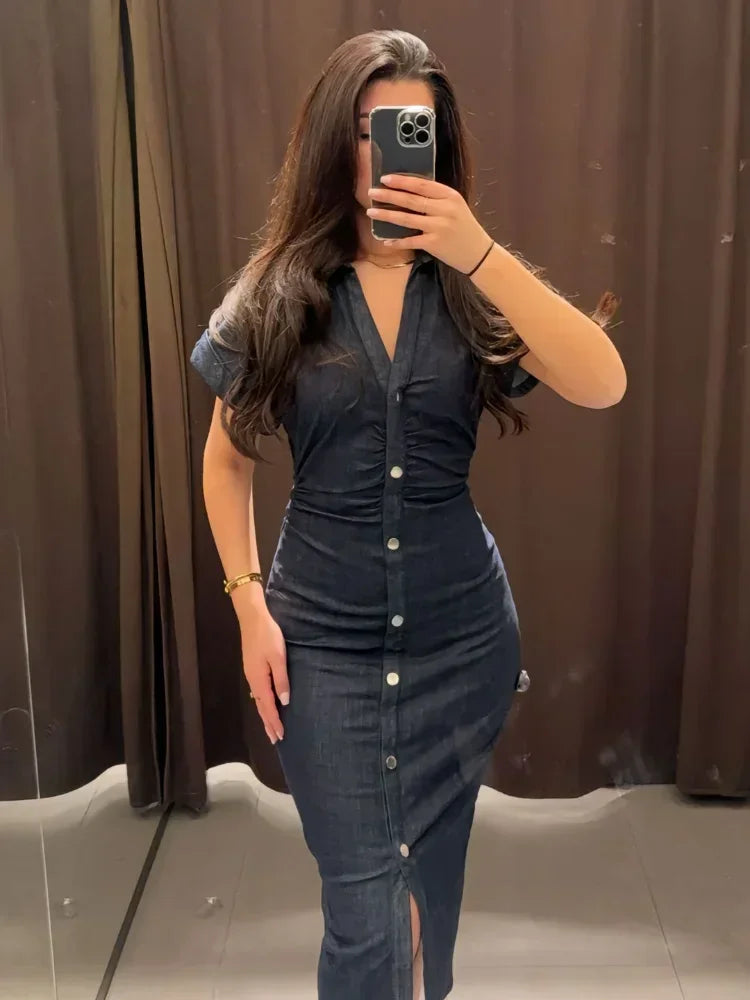 Charlene | Denim V-Neck Maxi Dress