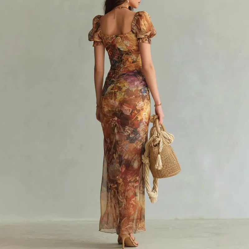 ROSALIND | Floral Maxi Dress Puff Sleeve Square Neck Elegant Fitted Style