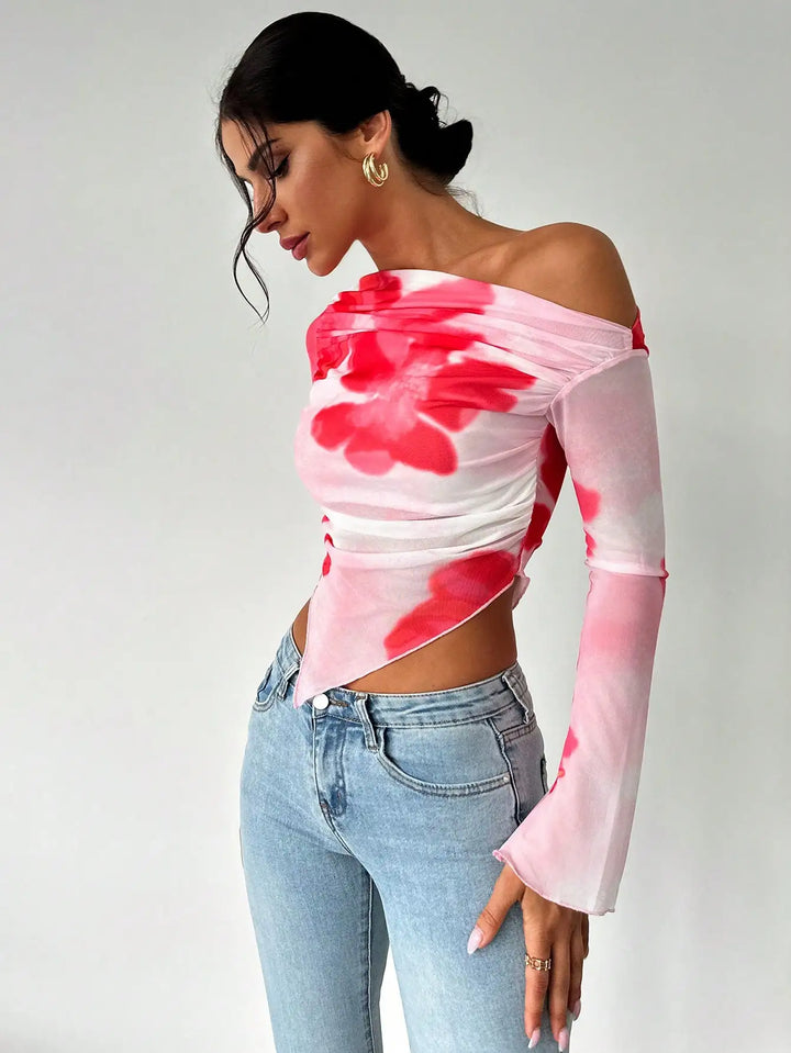 Beatriz | Bold Print Diagonal Mesh Top