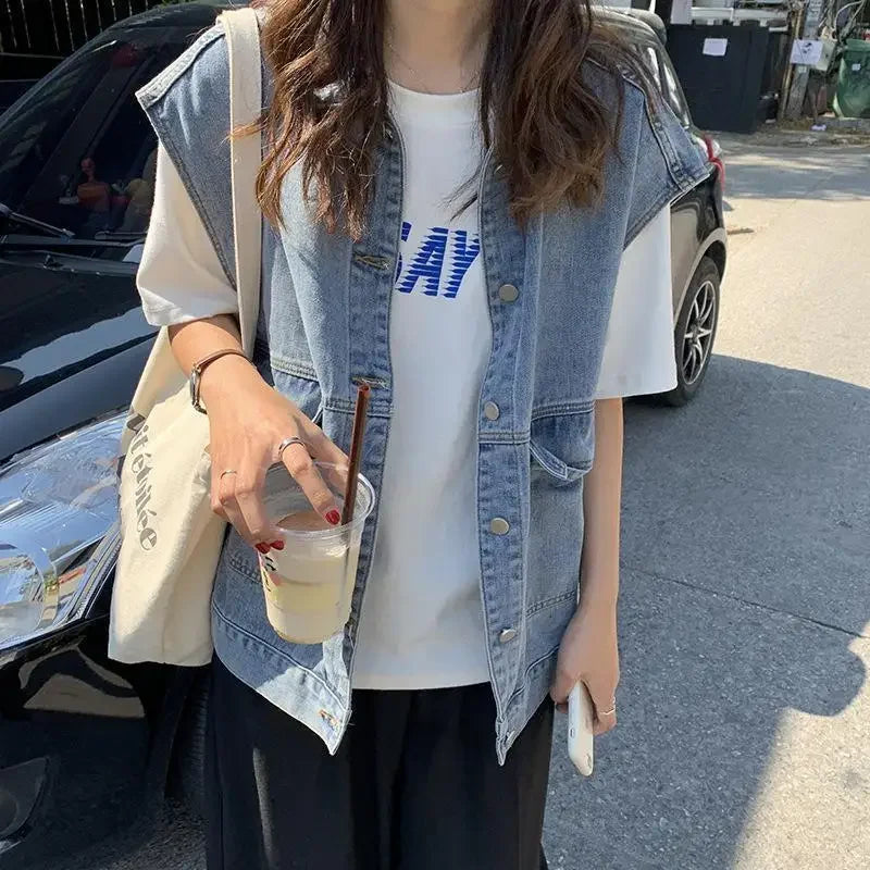 Women’s Oversized Denim Vest with Button-Down Front and Relaxed Street Style Fit