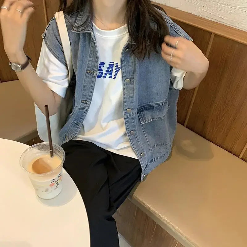 Women’s Oversized Denim Vest with Button-Down Front and Relaxed Street Style Fit