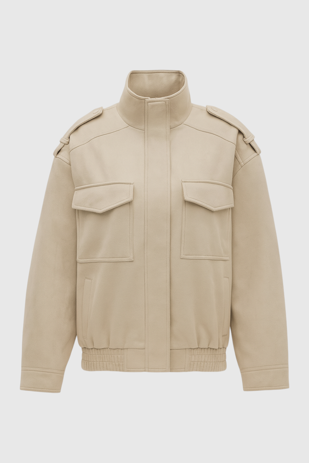 Stylish Beige Bomber Jacket with Stand Collar