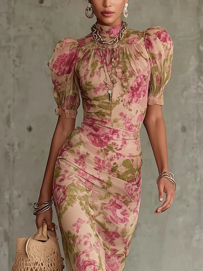 Eugenia Vintage Floral Print Maxi Dress in Pink with Puff Sleeves (Accessories not included)