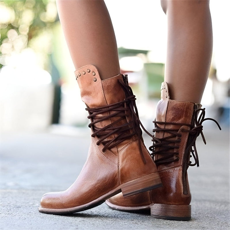 Studded Lace-Up Mid-Calf Boots with Low Heel for Women