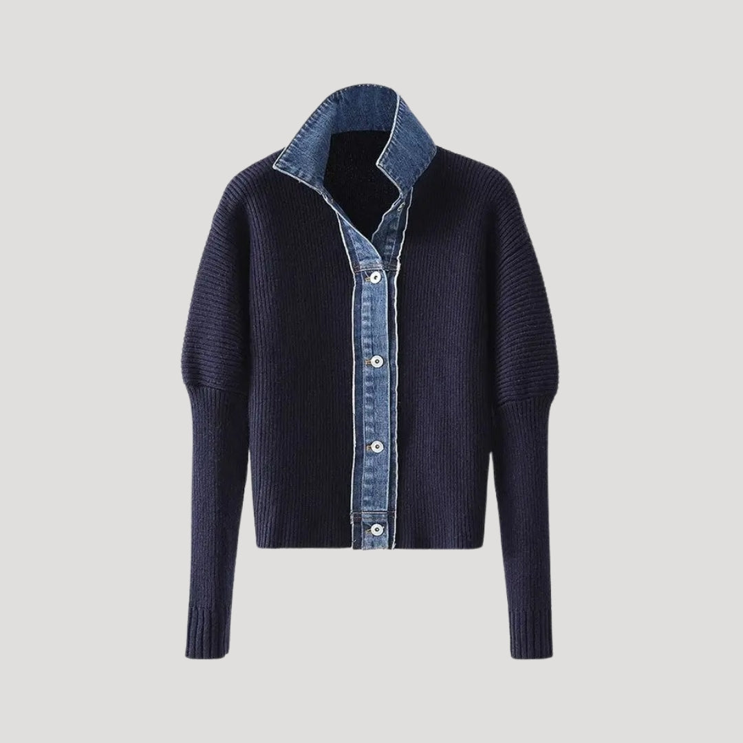 Navy Women's knit cardigan with denim trim