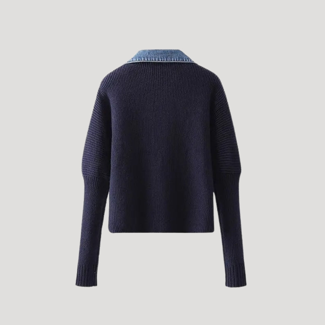 Navy Women's knit cardigan with denim trim