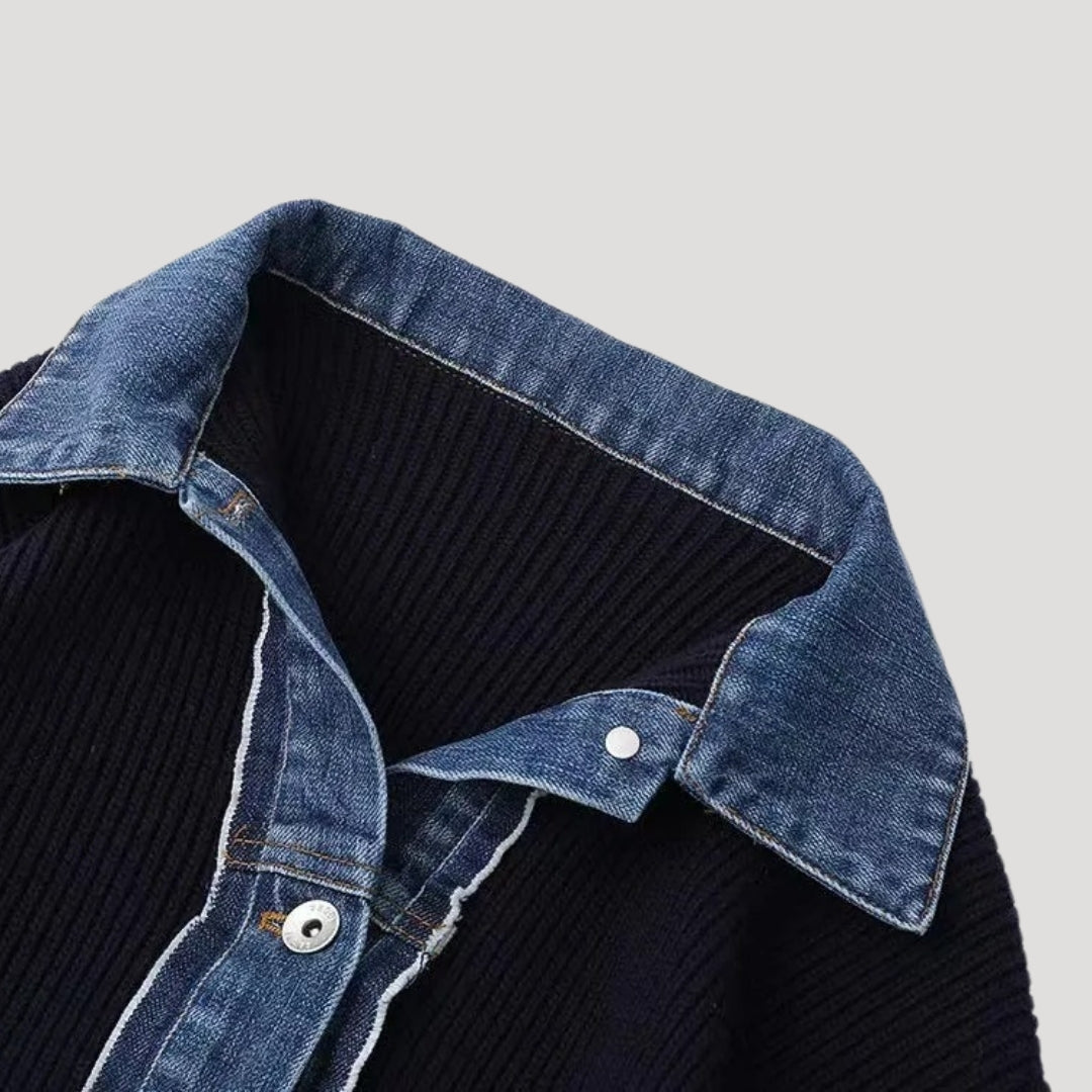 Navy Women's knit cardigan with denim trim