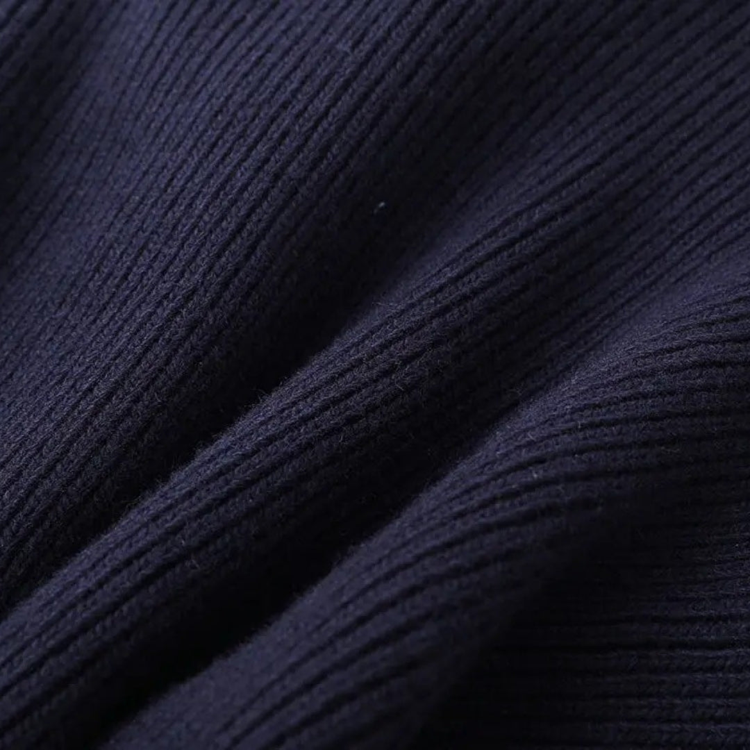Navy Women's knit cardigan with denim trim