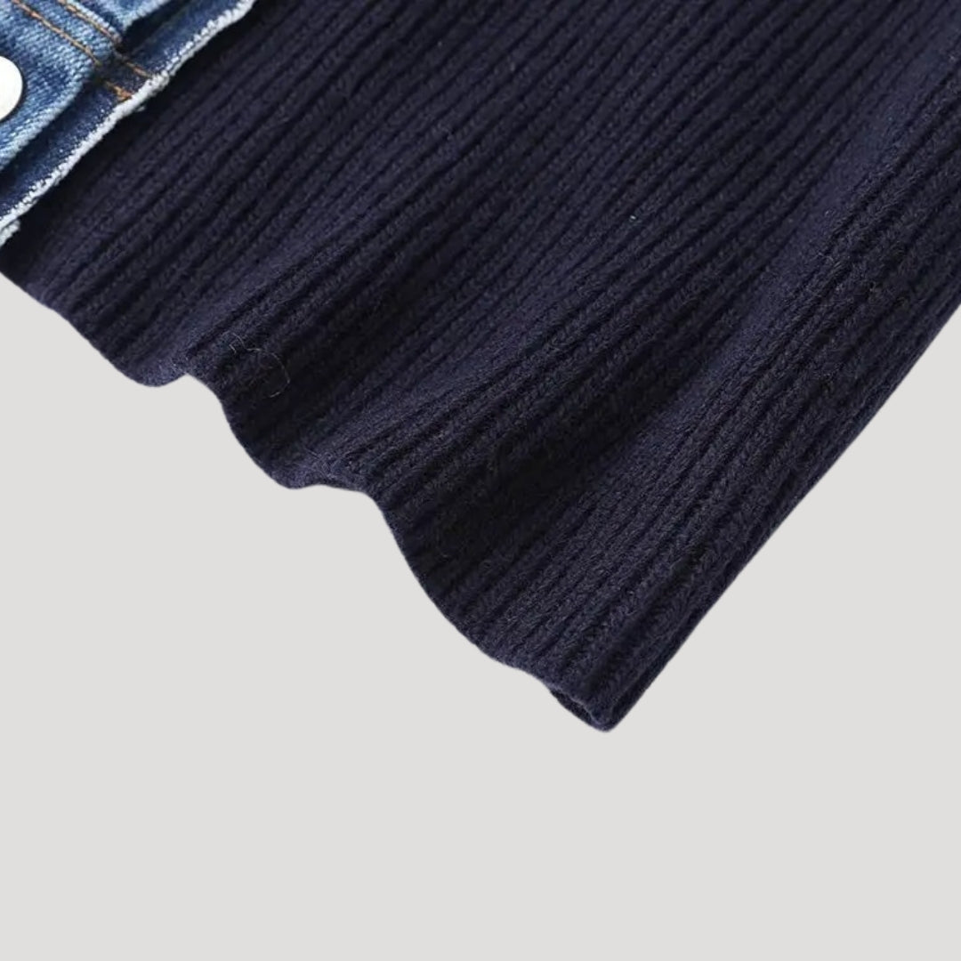Navy Women's knit cardigan with denim trim