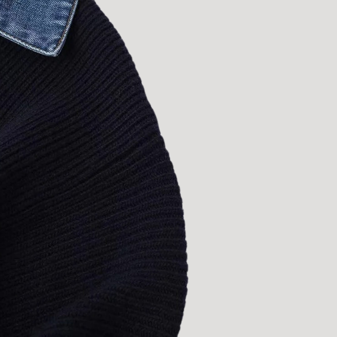Navy Women's knit cardigan with denim trim