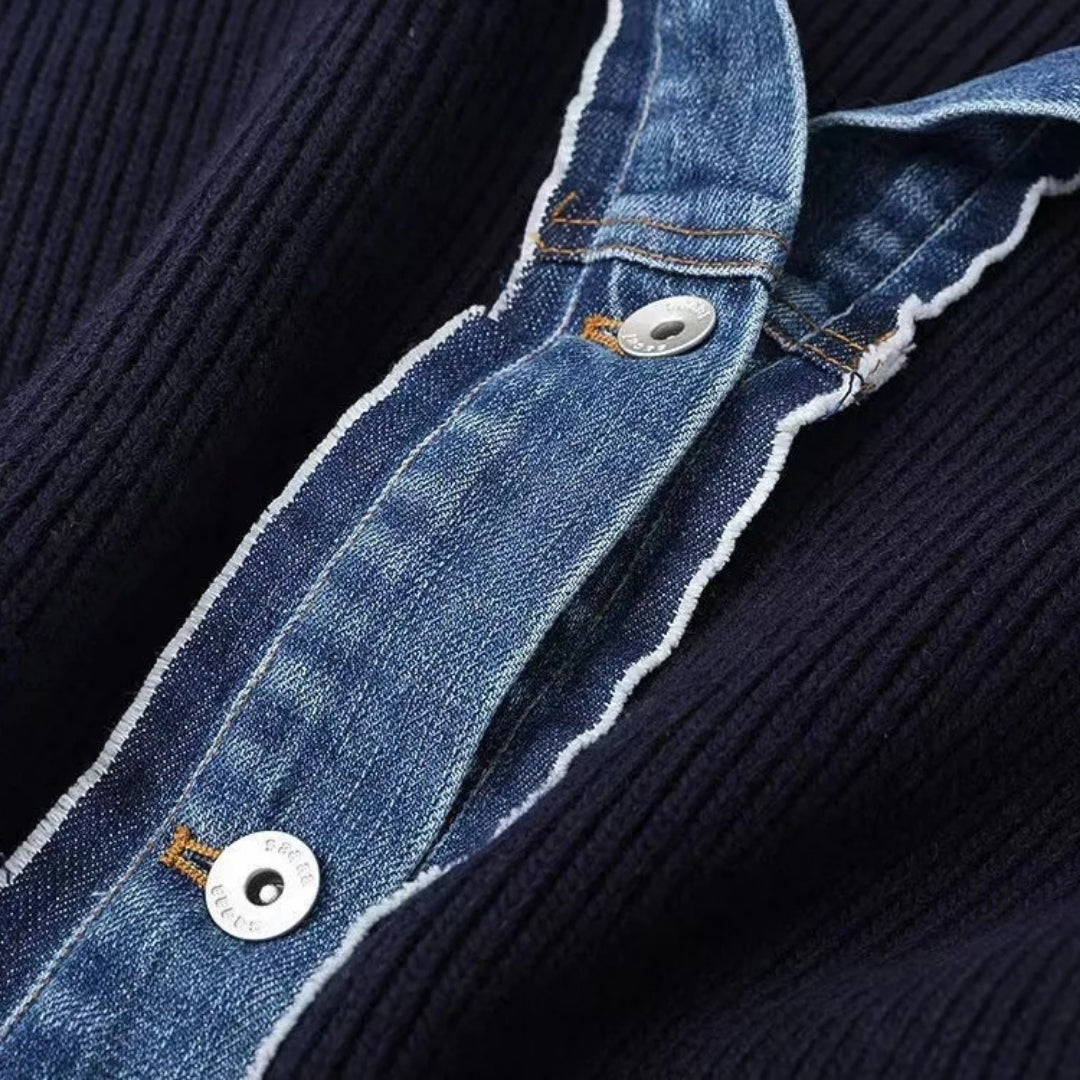 Navy Women's knit cardigan with denim trim