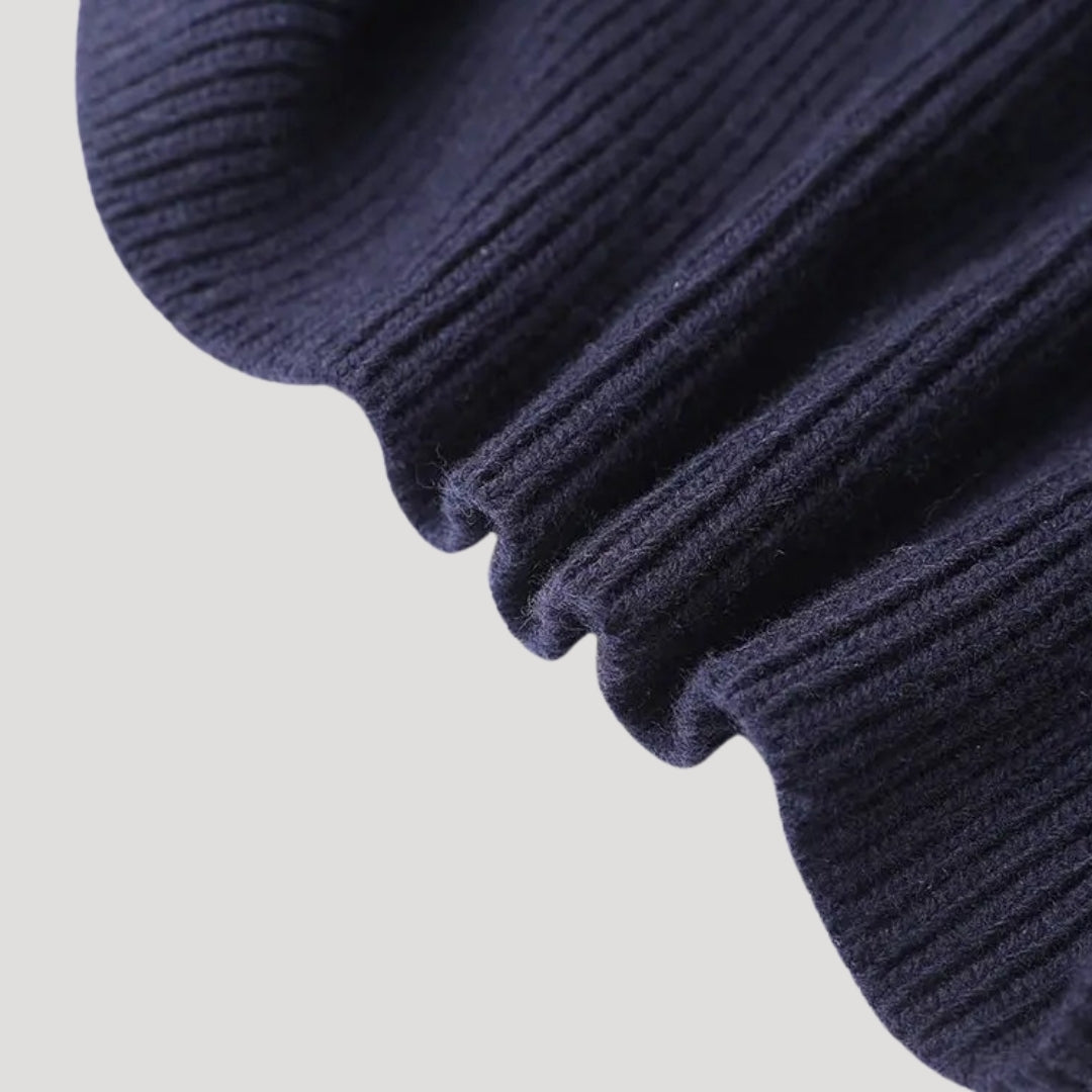 Navy Women's knit cardigan with denim trim