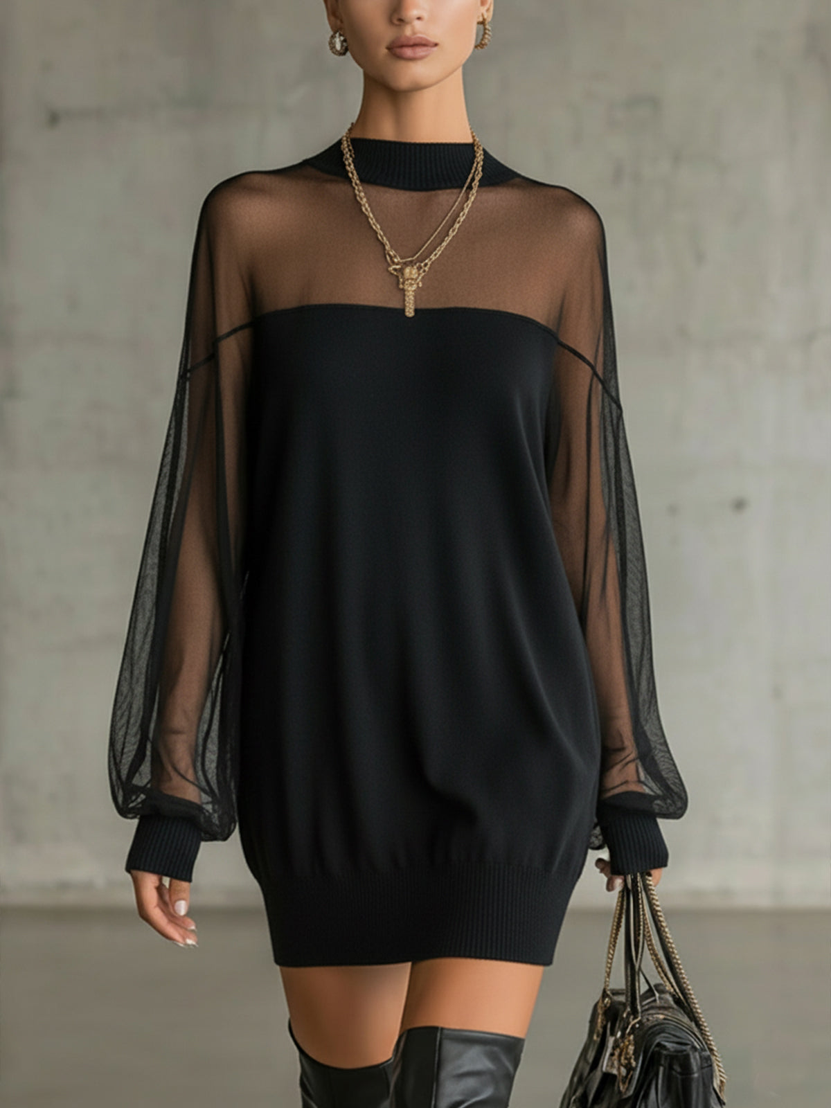 Amélie™ | Elegant Black Mini Dress with Mesh Sleeves