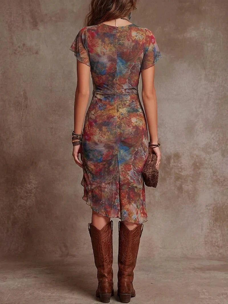 Salomé Midi Pleated Dress with V-Neck and Abstract Bohemian Print