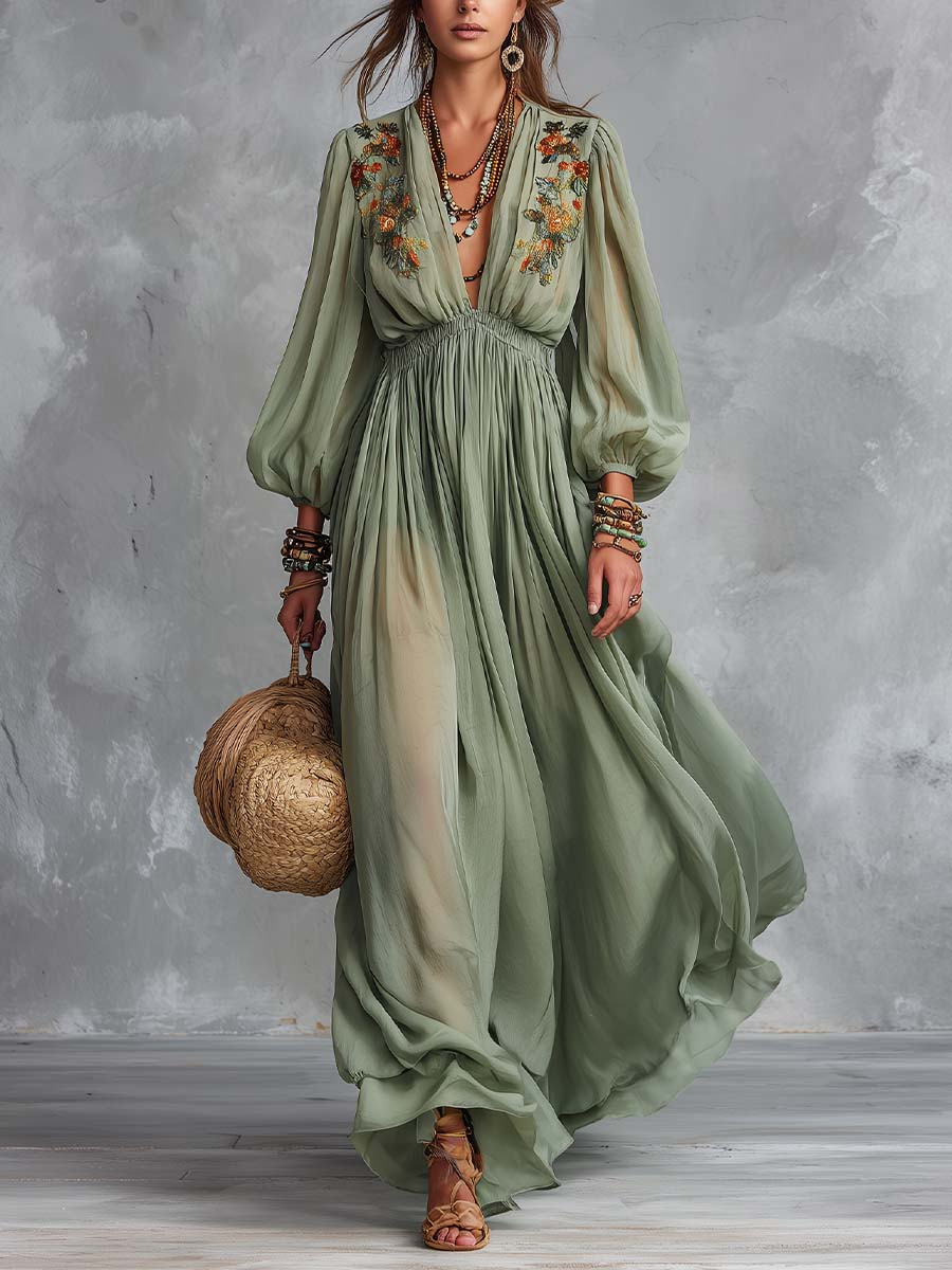 Élodine™ | Bohemian Maxi Dress with Floral Print