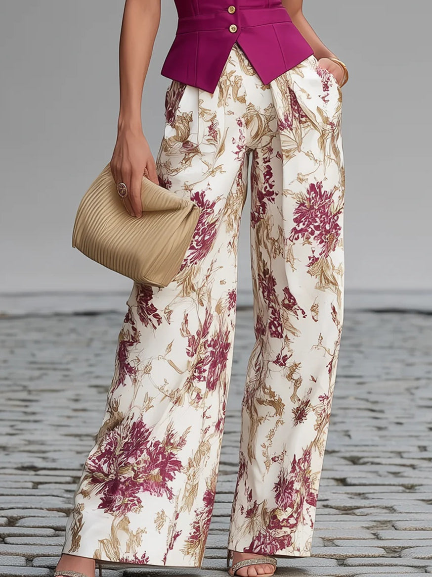 Pink Gilet and Wide Flower Pants