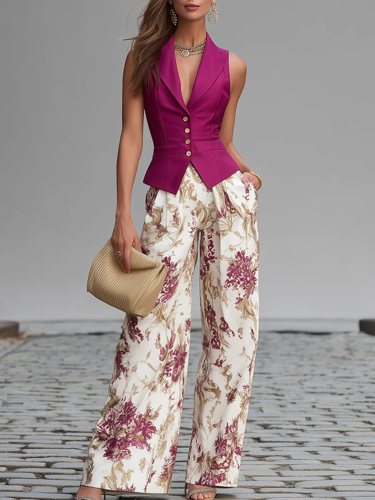 Pink Gilet and Wide Flower Pants