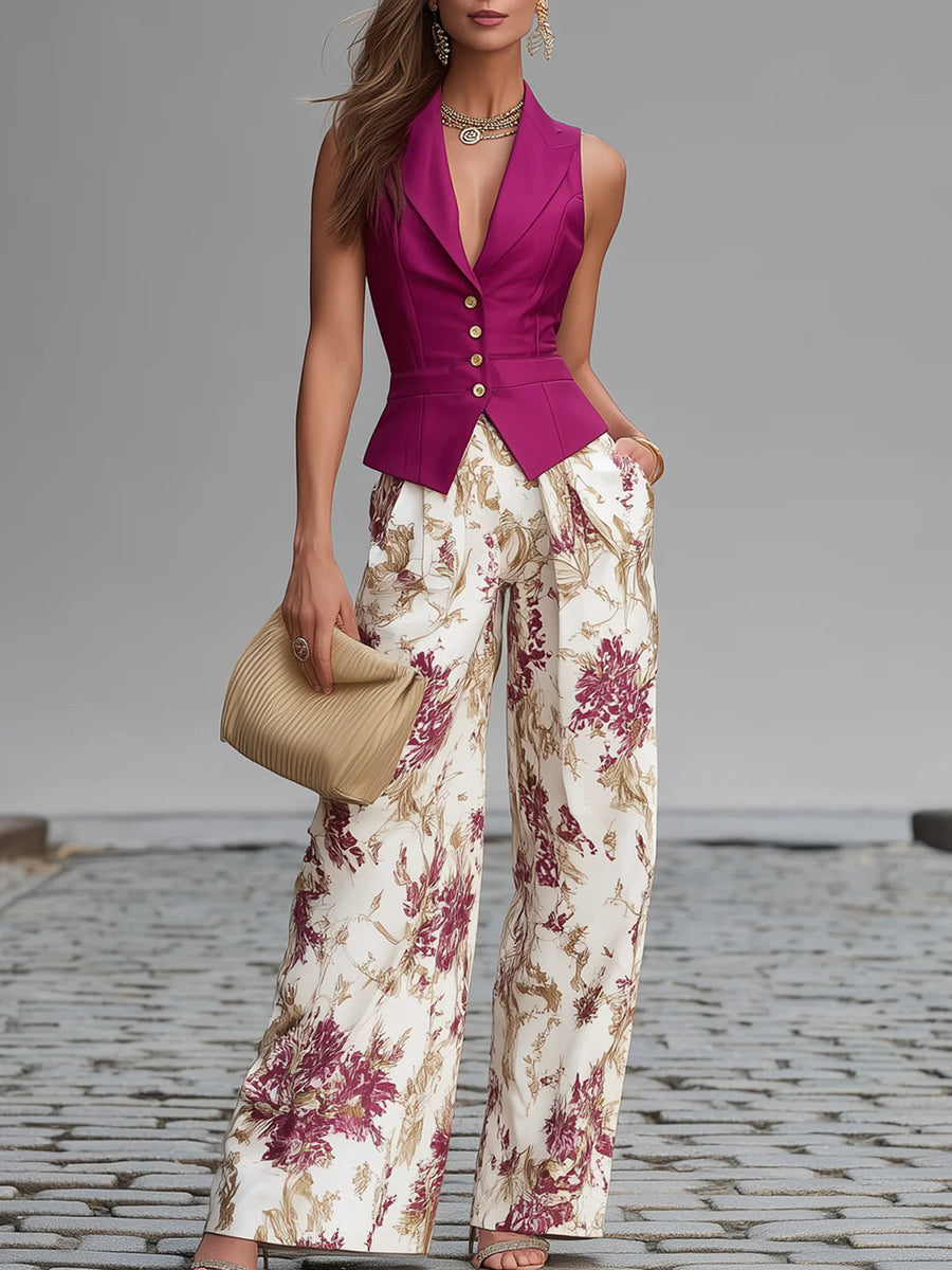 Pink Gilet and Wide Flower Pants